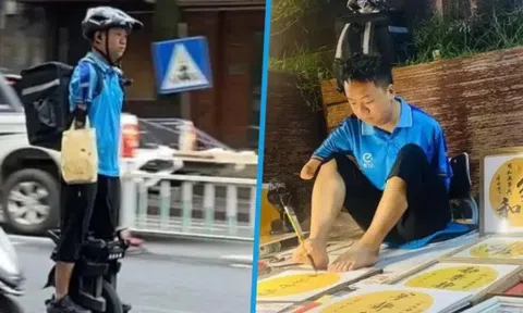 Người đàn ông 30 tuổi mất cả hai tay vẫn giao đồ ăn, viết thư pháp bằng chân nuôi sống gia đình