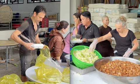 Khách Tây lặng lẽ xếp từng chiếc túi nilon, từng miếng rau của hộp cơm cứu trợ
