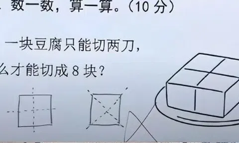 "Làm thế nào để chia miếng đậu phụ thành 8 miếng bằng nhau chỉ với 2 lần cắt?" - Bạn có giải được bài toán tiểu học không?