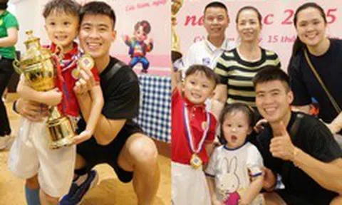 Duy Mạnh tự hào khoe cậu quý tử vô địch môn bóng rổ, cả nhà đến ăn mừng, nhan sắc tiểu thư Quỳnh Anh gây chú ý